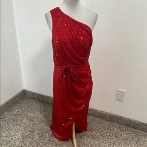 Grace Karin Red One-Shoulder Sequin Maxi Dress with Tie Waist